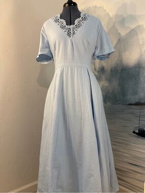 Light Blue Lace-Trim V-Neck Maxi Dress #158